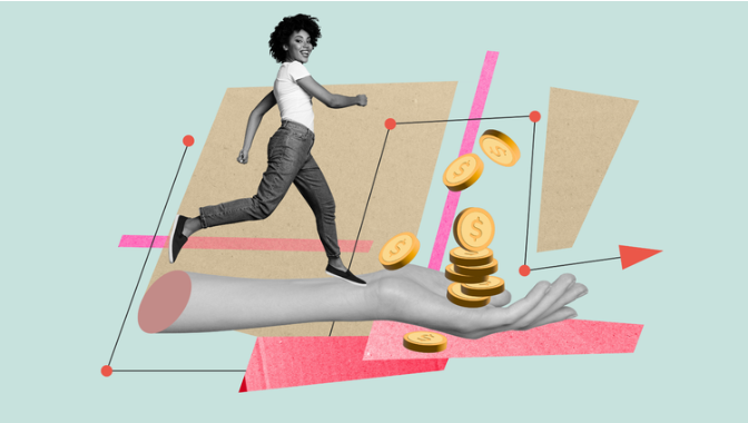 Woman on a hand and coins in the hand
